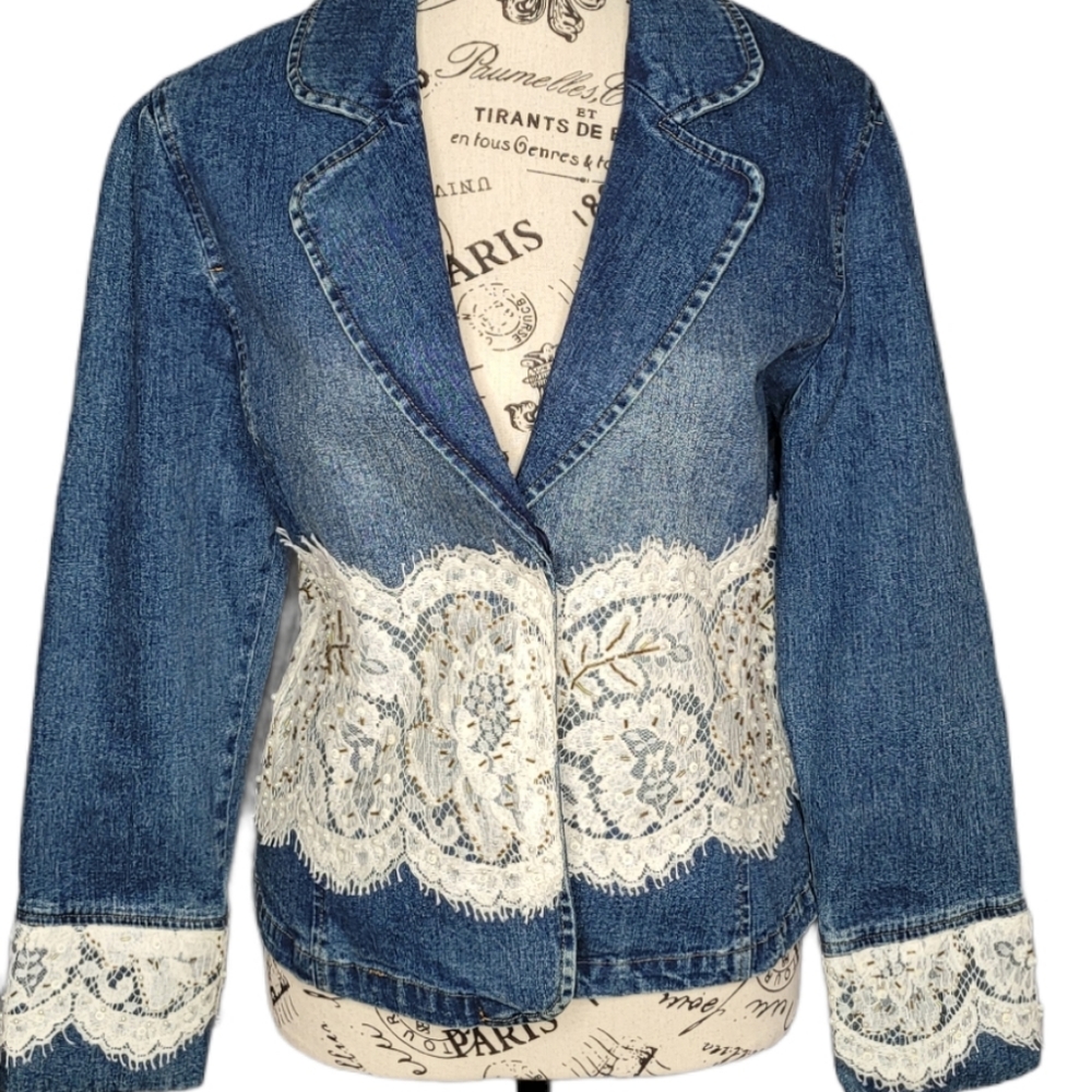Denim jacket with lace embellishment